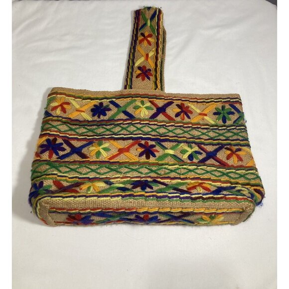 Handmade Handbags - Vtg Handmade Market Bag Purse Colorful Yarn And Burlap Lined With Vintage Fabric